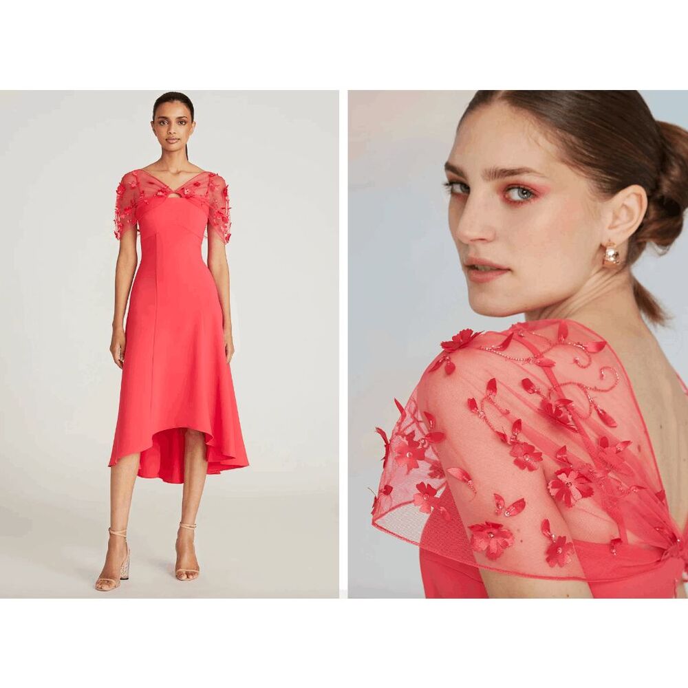 THEIA Riley High Low Cocktail Dress IN Hibiscus US 2 $695